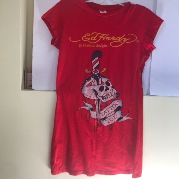 Ed Hardy Vintage Y2K Scull Tattoo Graphic Top T Shirt Fitted Logo Cotton Red L - Picture 2 of 16